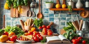 Fresh ingredients and utensils in a warm kitchen setting.