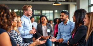 Diverse professionals collaborating in a modern office environment.