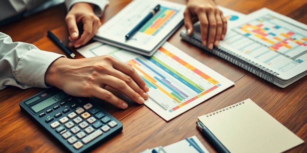 A person organizing colorful budget planners on a desk.