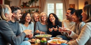 Family enjoying time together around a dining table.
