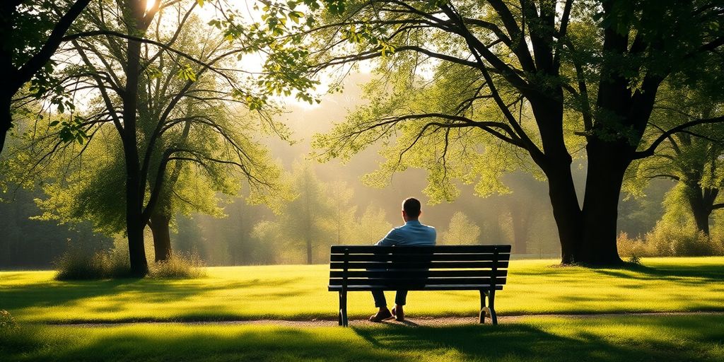 Person sitting alone on a bench in nature.