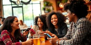 Diverse friends interacting in a cozy café setting.